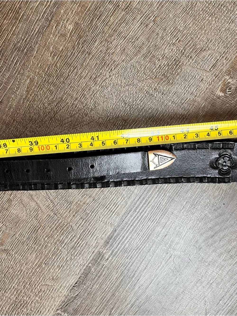 Handmade black leather belt southwestern silver tone buckle size 38/40 stamped